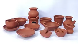 Paarambarya NATURAL FOODS Miniature Clay Kitchen Set/ Real Miniature Cooking Set - 14 Pieces