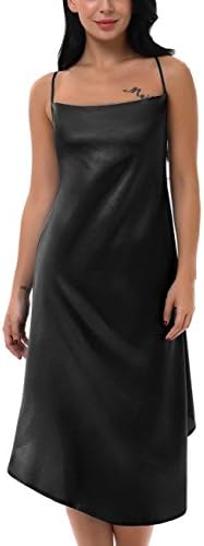 Yulee Women's Satin Long Lingerie Chemise Strap Dress Sleepdress Black, XL