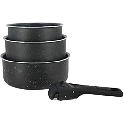 Thekitchenette - Lot de 3 casseroles induction 16-18-20 cm + poignée amovible - finition pierre