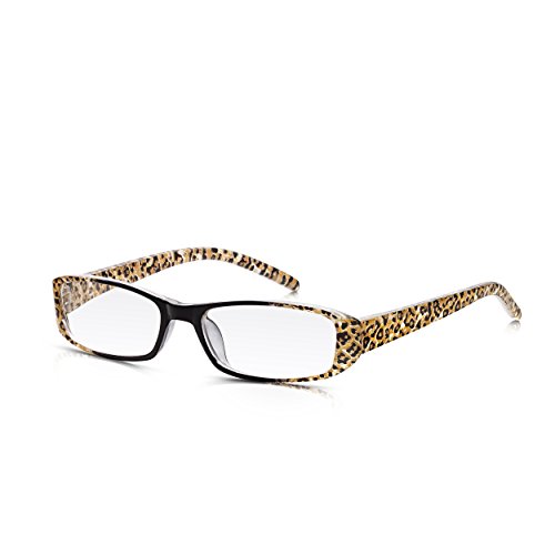 Read Optics Occhiali da Lettura Vista da Donna: Leopardati e Neri con Montatura Intera - Aste in Policarbonato - Lenti Rettangolari +1.25 Diottrie