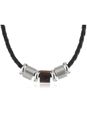 Zeeme Stainless Steel Unisex-Kette mit Anhänger Edelstahl geflochtenes Leder schwarz Ringe Holz/Stahl Länge 45cm...