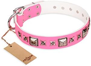 36 inch Pink Leather Dog Collar with Old Silver Like Decor - "Fancy Squares" Handcrafted by Artisan