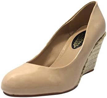 Ladies Womens Slip On Mid Wedge Platform Court Espadrille Closed Toe Summer Occasion Shoe Wedges in Patent or Suede Size 3 4 5 6 7 8 9 (UK 4 / EU 37, Nude Patent)