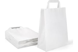 Inoverse Lot de 250 Sacs en Papier Kraft avec Anses, 22 x 10 x 28 cm, Grands Sacs en Papier Recyclables et Résistants pour Courses, pour Le Shopping, Boutiques et Cadeaux, Blanc