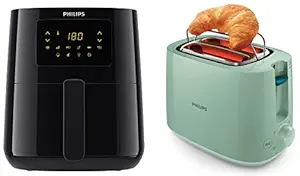 PHILIPS Digital Air Fryer HD9252/90 with Touch Panel, uses up to 90% less fat, 7 Pre-set Menu, 1400W, 4.1 Liter, with Rapid Air Technology (Black), Large & HD2584/60 830W 2 Slice Pop Up Toaster, Green