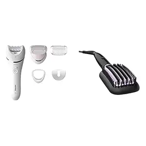 Philips Cordless Epilator for Face and Body Hair Removal (White) & Philips Heated Hair Straightening Brush BHH880/10, Thermoprotect Technology with Keratin-Infused Bristles (Black)