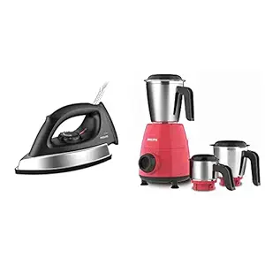 Philips GC181 Heavy Weight 1000-Watt Dry Iron & HL7505/02 500W Mixer Grinder, Red