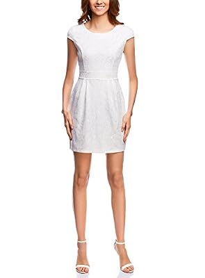 oodji Ultra Femme Robe en Maille et Dentelle, Blanc, FR 36 / XS