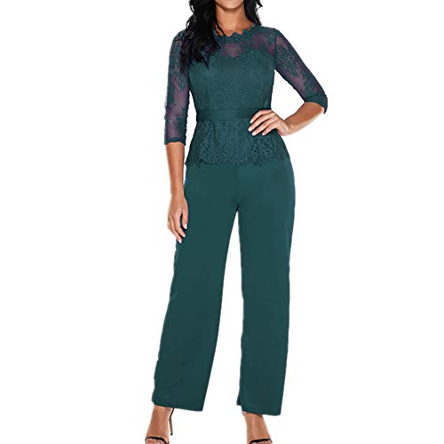 Lover-Beauty Mono Largo Casual Manga Larga Otoño Encaje Hueco Flounce Pantalones Piernas Anchas Suit Traje Dama para Boda Verano Mono Verde