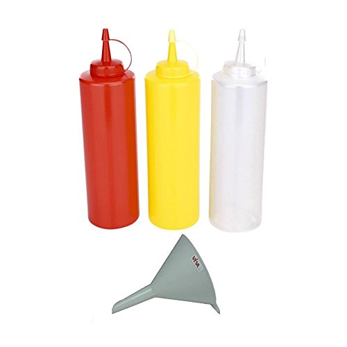 Viva Haushaltswaren - 3 x Quetschflasche 0,7 L Set, Gastro Dosierflaschen leer für Ketchup / Mayonnaise / Senf, BPA frei, BBQ & Küchen Squeeze Flasche aus Kunststoff, rot / gelb / weiß, inkl. Trichter