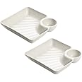 2 Pcs Serving Plates with Dipping Saucer, Japanese Sushi Plate Dumpling Plate Chips and Salsa Plate Snack Dish Serving Tray with Sauce Divider (White)