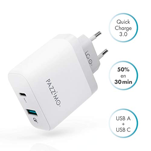 PAZZiMO Cargador Quick Charge 3.0 Blanco con USB Tipo A y USB Tipo C, Cargador rápido, Ligero y Compacto con 33W, Cargador para Samsung, Huawei, Sony, LG, HTC y más
