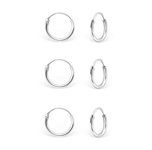 DTP Silver - Set da 3 paia di Orecchini da donna a Cerchio - Argento 925 - Spessore 1.2 mm, Diametro 10 mm