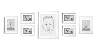 Classic by Casa Chic Cadre Photo Mural en Bois massif - Lot de 7 Cadres Photos - Différentes tailles - Bois de Pin MASSIF - Vitre en VERRE - Profil de Cadre 2 cm ! - Blanc