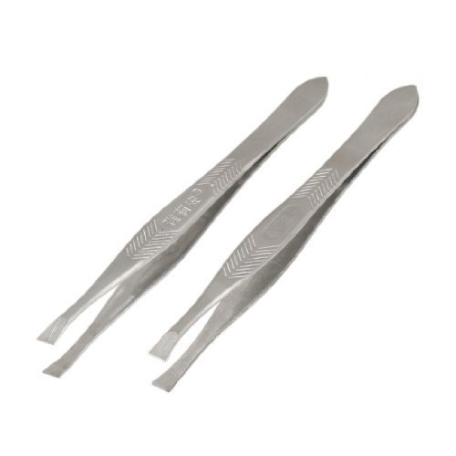 2 Pcs Silver Tone Slanted Flat Tip Beauty Eyebrow Shaping Tweezer