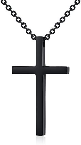 REVESTEEL Simple Stainless Steel Cross Pendant Chain Necklace for Men Women, 20''-22’’ Link Chain (Pendant: Black-Tone(Medium), 22’’ Chain)