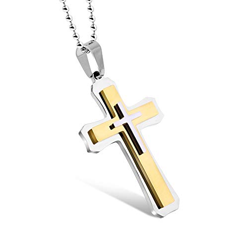 Preisvergleich Produktbild AZUO Edelstahl Golden Doppelschicht Kreuz Anhängerhalskette Männer, 35 * 58 Millimeter