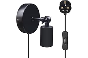 DoRight Industrial E27 Wall Light Fitting Black, Wall Light Sconce Vintage Edison Screw Wall Lamp Holder 270° Adjustable Retro Up/Down Wall Light Fixture,1.8m Cable with UK Plug (Bulb not Included)