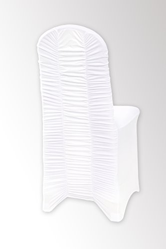 Stuhlhusse Stretch mit Metallic RAFFUNG weiß Stretchhusse Premium bügelfrei universell für gerade oder runde Stuhllehnen