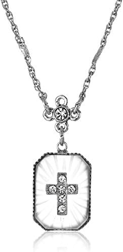 Symbols of Faith Silver-Tone Frosted Stone with Crystal Cross Pendant Necklace, 16" + 3" Extender