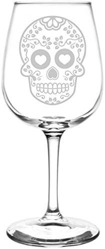 (Vine) Mexican Sugar Skull Day of The Dead Calavera Inspired - Laser Engraved 12.75oz Libbey All-Purpose Wine Taster Glass by Appalachia Design Company