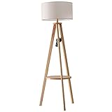 Homcom Lampadaire trépied Design scandinave dim. 50L x 50l x 154 cm 40 W Max. étagère intégrée Bois Massif pin Abat-Jour Toile Lin Beige