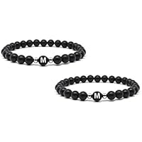 Mister Boncuk`s Eternal Love Black Edition - Personalisiertes Couple Armbänder aus schwarzen Onyx-Natursteinen mit Hochwertigem Edelstahl zwischen Perlen. Armbänder für Paare - Partner - Pärchen - Namensarmband - Namensarmbänder - Partnerarmbänder - Couple Armbänder - Couple - Love - Ideal als Geschenkidee