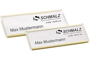 SCHMALZ Aluminio Placa con Nombre Plata o Dorado Anodizado de Metal, 75x28mm o 68x22mm con Aguja Sujeción, Placa de Nombre, Placa con Nombre para la Ropa, Etiquetado Fácil, Diseño Propio Metal Ligero