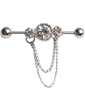 Industrielles Piercing mit baumelnden Ketten und großen Klaren CZ-Steinen 1.6mm 1Stück