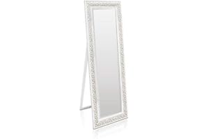 Rococo by Casa Chic Shabby Chic Wall 130 x 45 cm-Large French Vintage Style Full Length Standing Mirror-Antique White and Silver, Solid Wood, 130x45 cm
