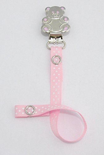 Girls pacifier soother dummy holder clip {baby pink polka dots -teddy bear}