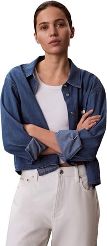 Calvin Klein Donna Camicia in Jeans New Dad Shirt Annapolis Sky Cropped Fit, Blu (Annapolis Sky), L