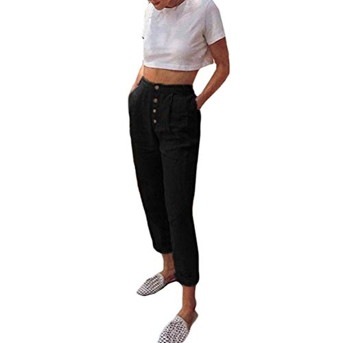 Pantalon Taille Haute Femmes Bouton Chic Couleur Unie Pantalon Carotte Femme Pants Poche Casual SANFASHION(Noir,S)