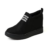  Miuko Plateau Sneaker Damen Leder Keilabsatz Hohe 7 cm Absatz Slip On Wildleder Loafers Wedges Ankle Boots Casual Bequeme Schwarz 35