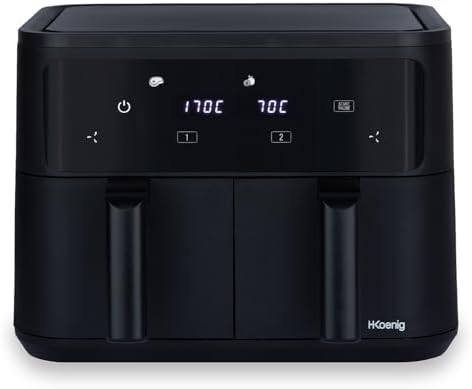 H.Koenig Airfryer Friggitrice senza olio, 2 vasche XXL FRY900, doppia capacità 9L, regolabile 80-200°C, 5 modalità di cottura, timer 60 minuti, 8 programmi, touch screen