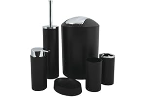 ‎MSV MSV Badezimmer Set, 6-teiliges Badzubehör Seifenspender, WC Bürste, Seifenschale, Kosmetikeimer und Zahnputzbecher Schwarz matt