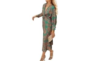 DSAoTeng Vestido largo de manga larga con cuello en V y estampado vintage para mujer, elegante, casual, bohemio, elegante, floral, para otoño, para fiesta