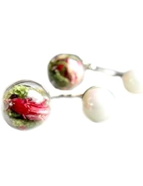 Doppel Perlen Ohrstecker, echte Blüten und Moos