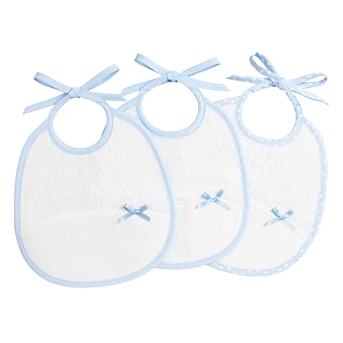 Filet - 3er-Set Baby-Frottierlätzchen aus Baumwolle, Weiß, mit Aida-Tasche zum Besticken, Schützt die Babykleidung vor Kotze, Spucke und Speichel, 100% Made in Italy, Farbe weiß und himmel