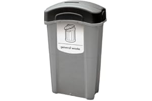 Glasdon Eco Nexus 85 General Waste Collection Bin (Grey, Black, White Sticker) – 85-Litre General Waste Bin with Choice of Lid Options – Slim Plastic Office (Flip Lid)