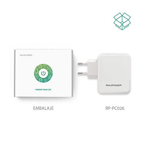 RAVPower Cargador de Pared con 4 Puertos 40W  USB iSmart 2 0  Conector Retr  ctil  Entrada 100-240V  Salida DC 5V   8A M  x  en Total y DC 5V   2 4A m  x  por puerto  - Blanco