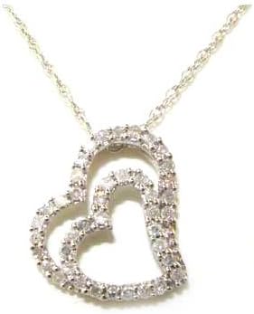 LetsBuyGold Jewellers18ct Hallmarked Solid White Gold all Real Natural Diamond Double Heart Pendant & 18" Chain Necklace