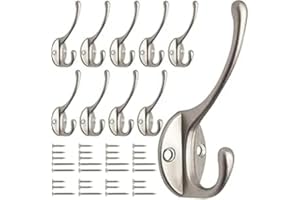 GlazieVault Satin Nickel Coat Hooks for Wall Pack 10 - Heavy Duty Coat Hooks Wall Mounted - Premium Design Wall Hooks Rust Free Door Hooks for Hanging
