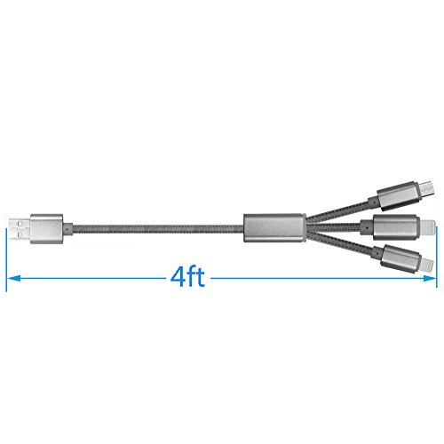 Multi USB Kabel, 3 in 1 Lightning & Micro USB Nylon geflochtenes Ladekabel mit 8 Pin Lightning / Micro USB 2.0 Anschlüsse für iPhone 6 / 6S plus / 5 / SE, iPad Air / mini, Android-Geräte(2 Lightning& 1 Micro-Silber) - 5