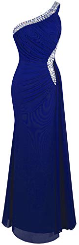 Angel-fashions De las Mujeres Un Hombro Ruching Cuentas Cinta Escotado por detras Vestido Largo (Medium, Azul Real)