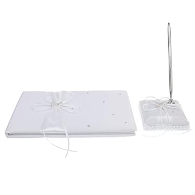 MagiDeal Set Blanc Livre D'or + Stylo Signer + Base Porte-stylo Décoré de Satin et Strass pour Fête de Mariage