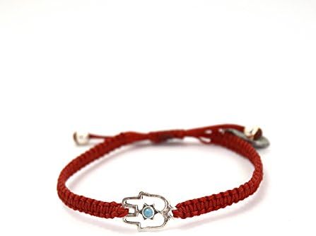 Red Macrame Bracelet with Sterling Silver Hamsa Hand Charm - Adjustable for Women