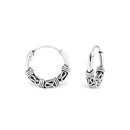 Les Plaisirs de Stella - Orecchini a cerchio, stile Bali, in argento 925/000 rodiato, di tipo etnico, diametro 12 mm