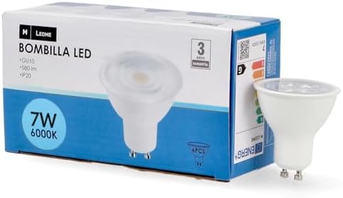 M Ledme - Confezione da 6 lampadine a LED SMD Plus Gu10 da 7W, luce fredda (6000K), attacco Gu10, 580 lumen, IP20, apertura del fascio luminoso di 60°. Modello LM7613