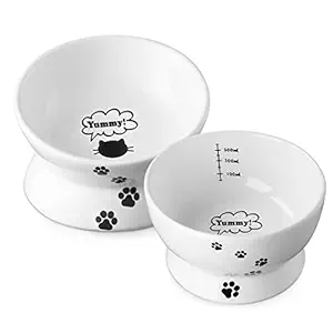 Y YHY Raised Cat Food and Water Bowl Set, Tilted Elevated Cat Food Bowls No Spill, Ceramic Cat Food Feeder Bowl Collection, Pet Bowl for Flat-Faced Cats and Small Dogs, Set of 2, White
